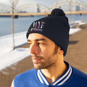Pom Pom Beanie - beautifully Embroidered - white letters